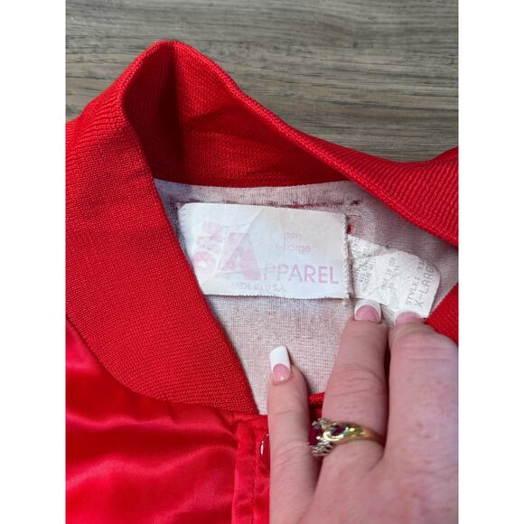 Vintage DM Apparel Leadline Red Satin Bomber Jacket Embroidered Lion Logo XL - Picture 3 of 5